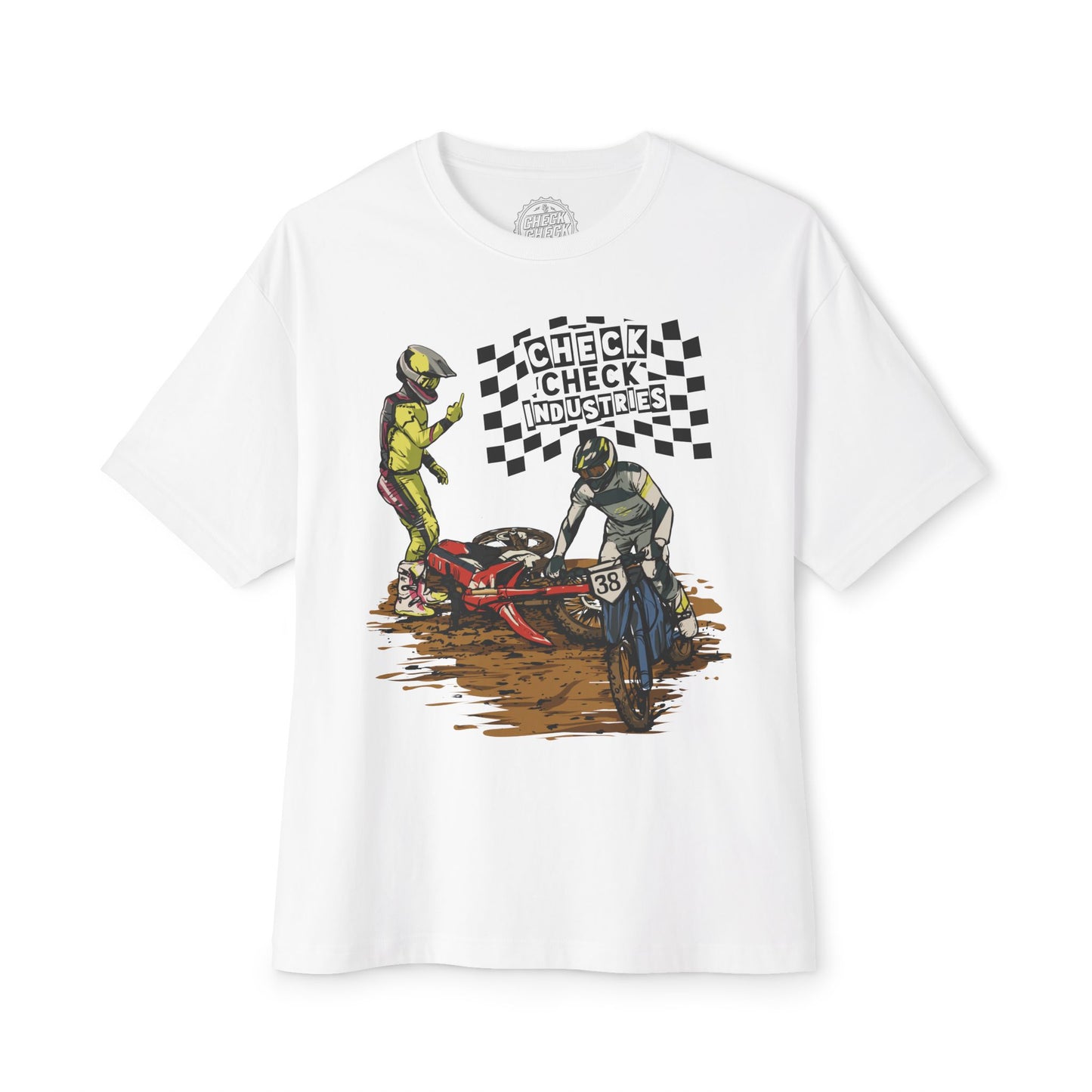 Motorcycle Racing Tee — 'Check Industries' Crash Scene Graphic Shirt
