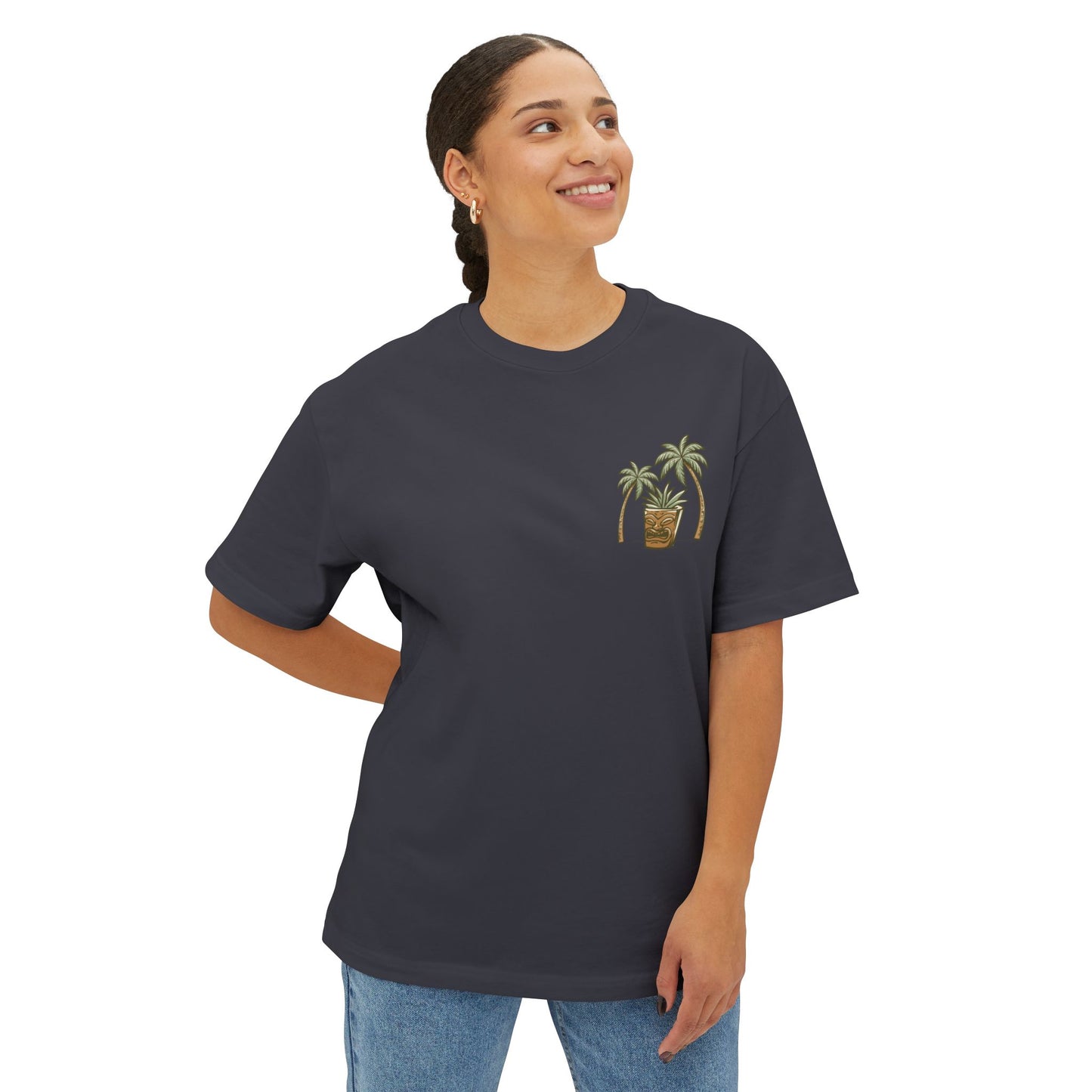 T-Shirt — Tropical Tiki Beach Graphic Tee (palm trees, hut & 'Check Check' design)