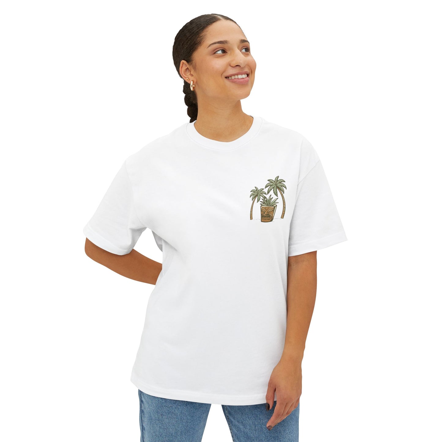 T-Shirt — Tropical Tiki Beach Graphic Tee (palm trees, hut & 'Check Check' design)