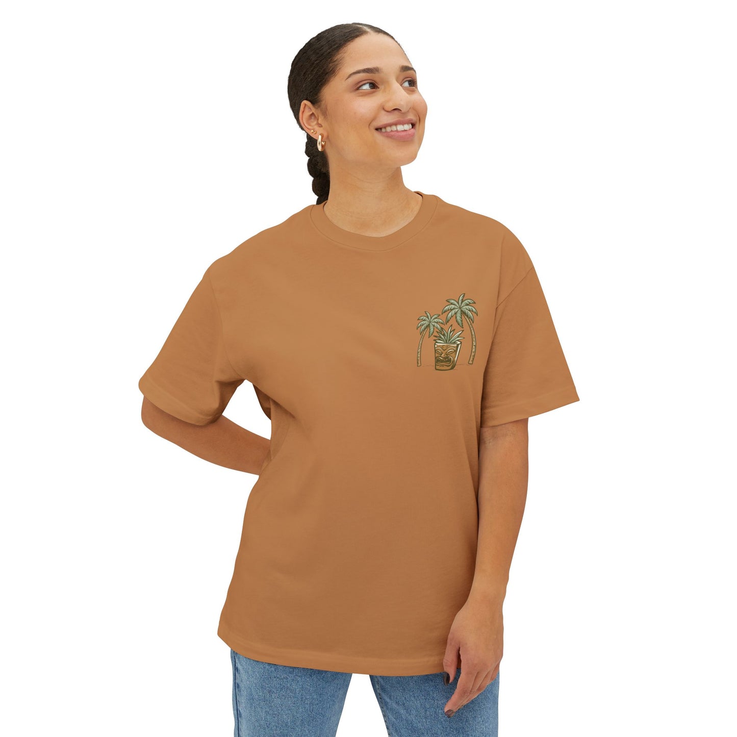 T-Shirt — Tropical Tiki Beach Graphic Tee (palm trees, hut & 'Check Check' design)