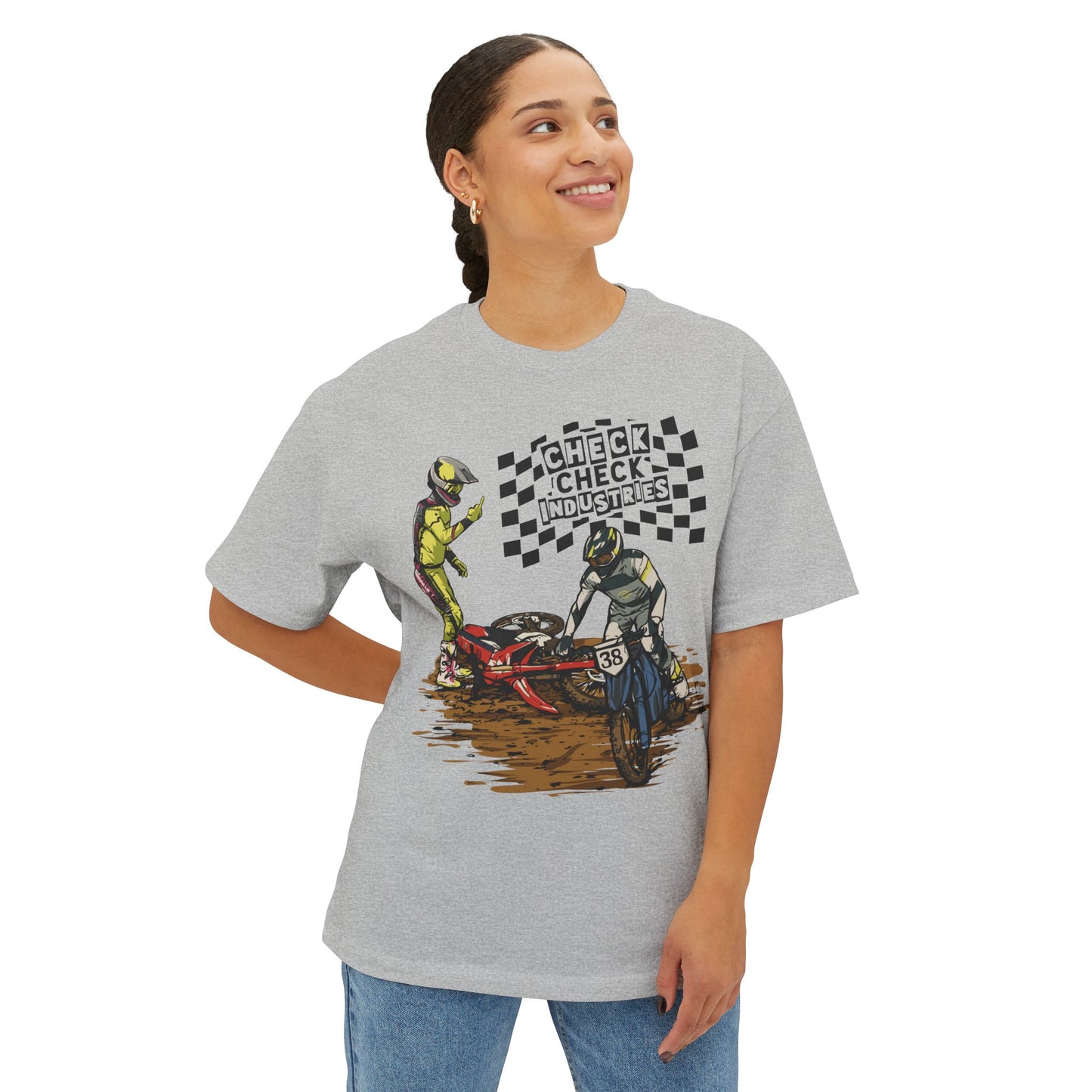 Motorcycle Racing Tee — 'Check Industries' Crash Scene Graphic Shirt