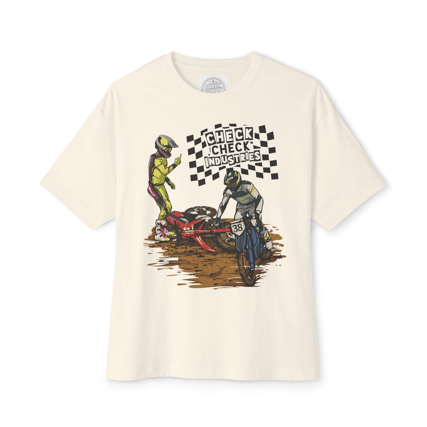 Motorcycle Racing Tee — 'Check Industries' Crash Scene Graphic Shirt