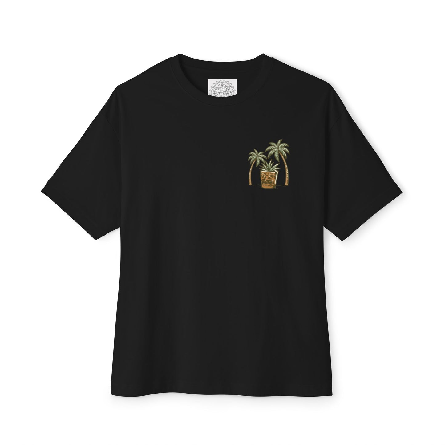 T-Shirt — Tropical Tiki Beach Graphic Tee (palm trees, hut & 'Check Check' design)