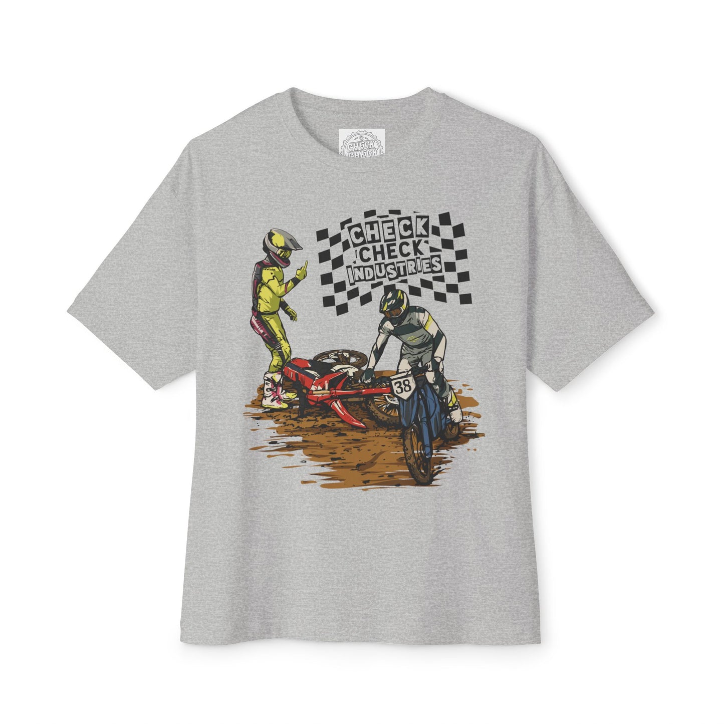 Motorcycle Racing Tee — 'Check Industries' Crash Scene Graphic Shirt
