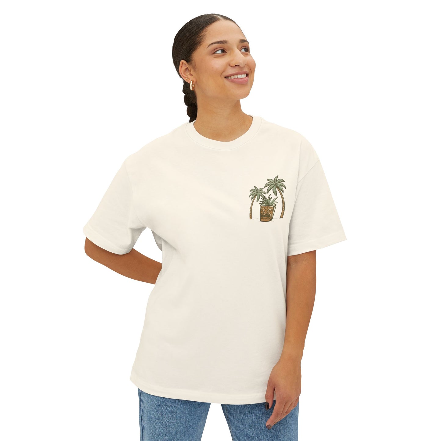 T-Shirt — Tropical Tiki Beach Graphic Tee (palm trees, hut & 'Check Check' design)