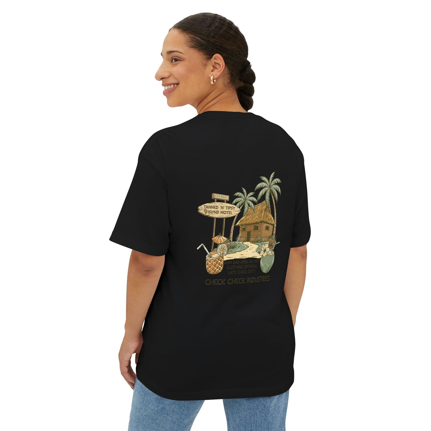 T-Shirt — Tropical Tiki Beach Graphic Tee (palm trees, hut & 'Check Check' design)