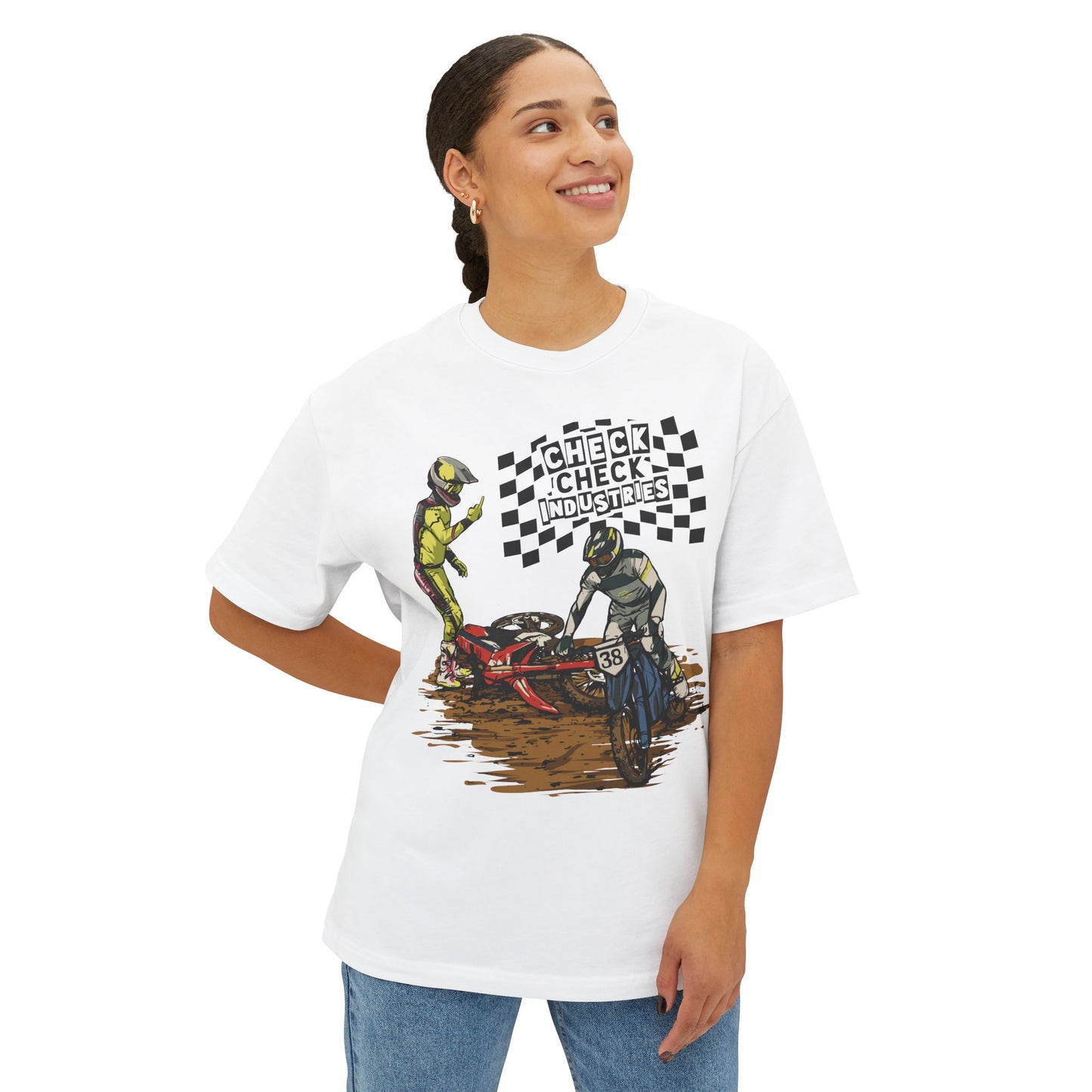 Motorcycle Racing Tee — 'Check Industries' Crash Scene Graphic Shirt