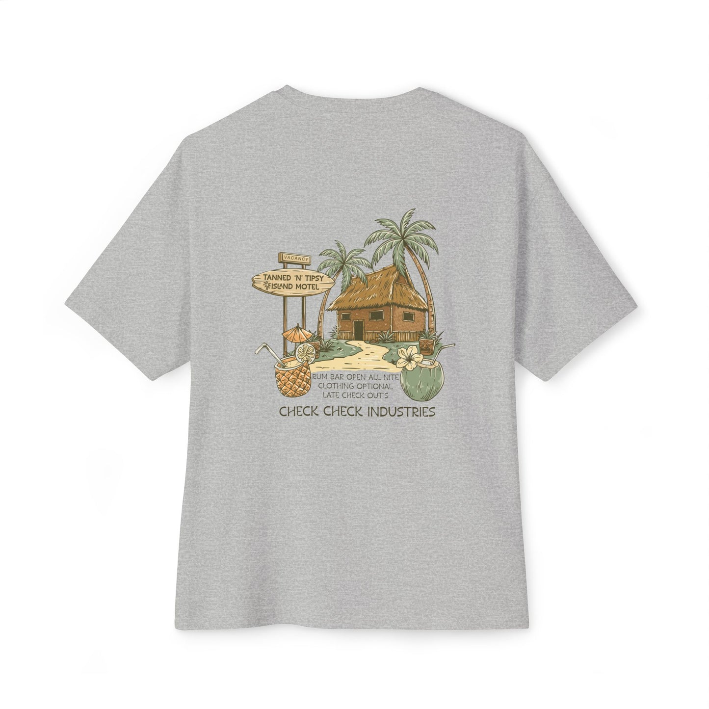 T-Shirt — Tropical Tiki Beach Graphic Tee (palm trees, hut & 'Check Check' design)