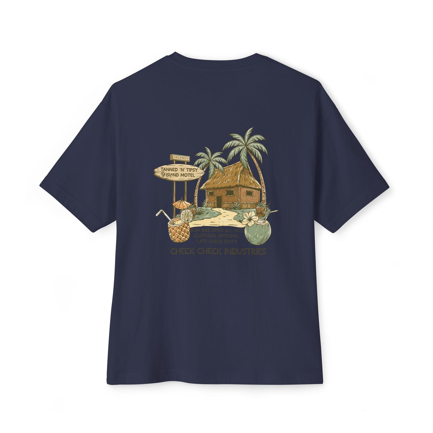 T-Shirt — Tropical Tiki Beach Graphic Tee (palm trees, hut & 'Check Check' design)