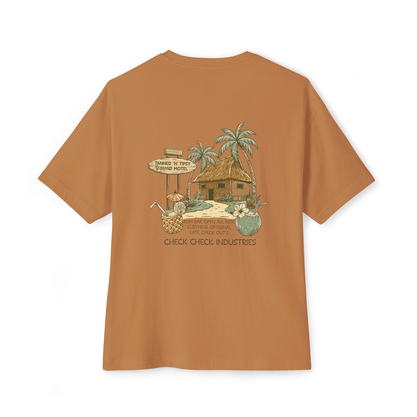 T-Shirt — Tropical Tiki Beach Graphic Tee (palm trees, hut & 'Check Check' design)