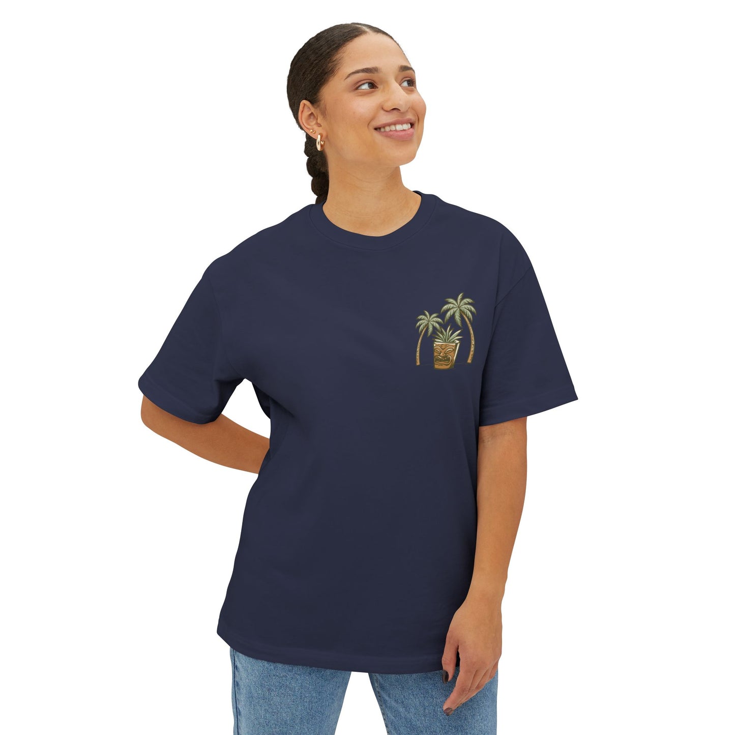 T-Shirt — Tropical Tiki Beach Graphic Tee (palm trees, hut & 'Check Check' design)