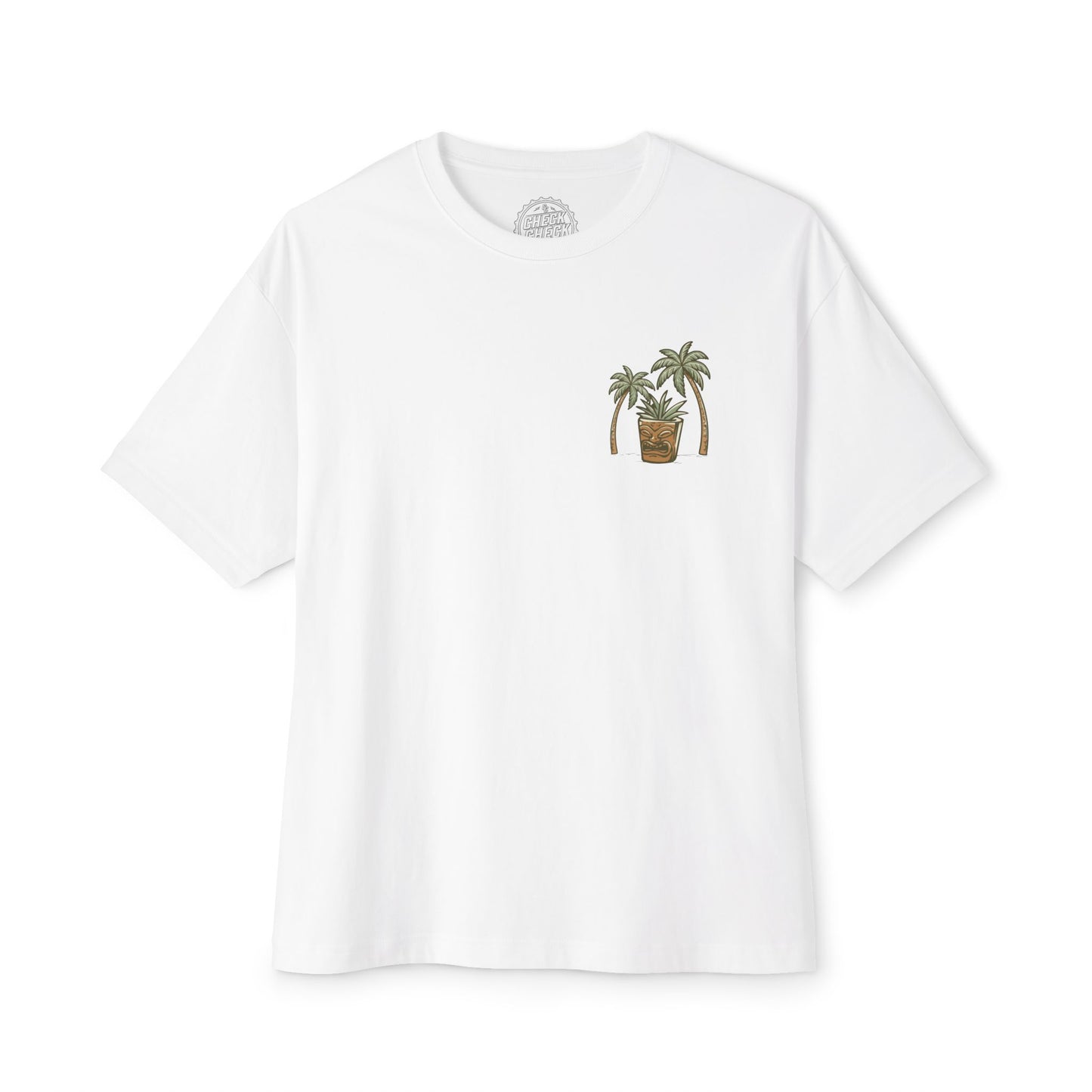 T-Shirt — Tropical Tiki Beach Graphic Tee (palm trees, hut & 'Check Check' design)