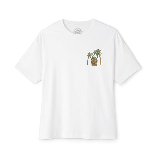 T-Shirt — Tropical Tiki Beach Graphic Tee (palm trees, hut & 'Check Check' design)