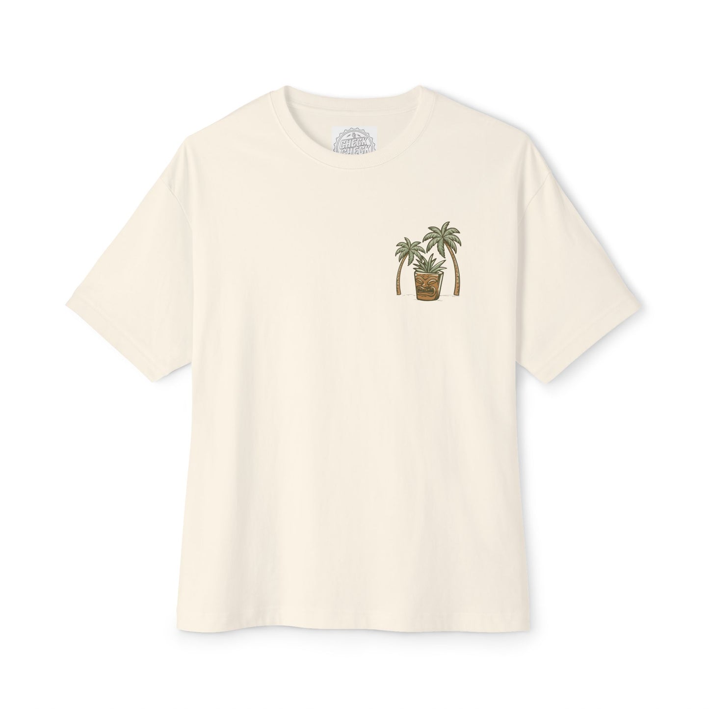 T-Shirt — Tropical Tiki Beach Graphic Tee (palm trees, hut & 'Check Check' design)