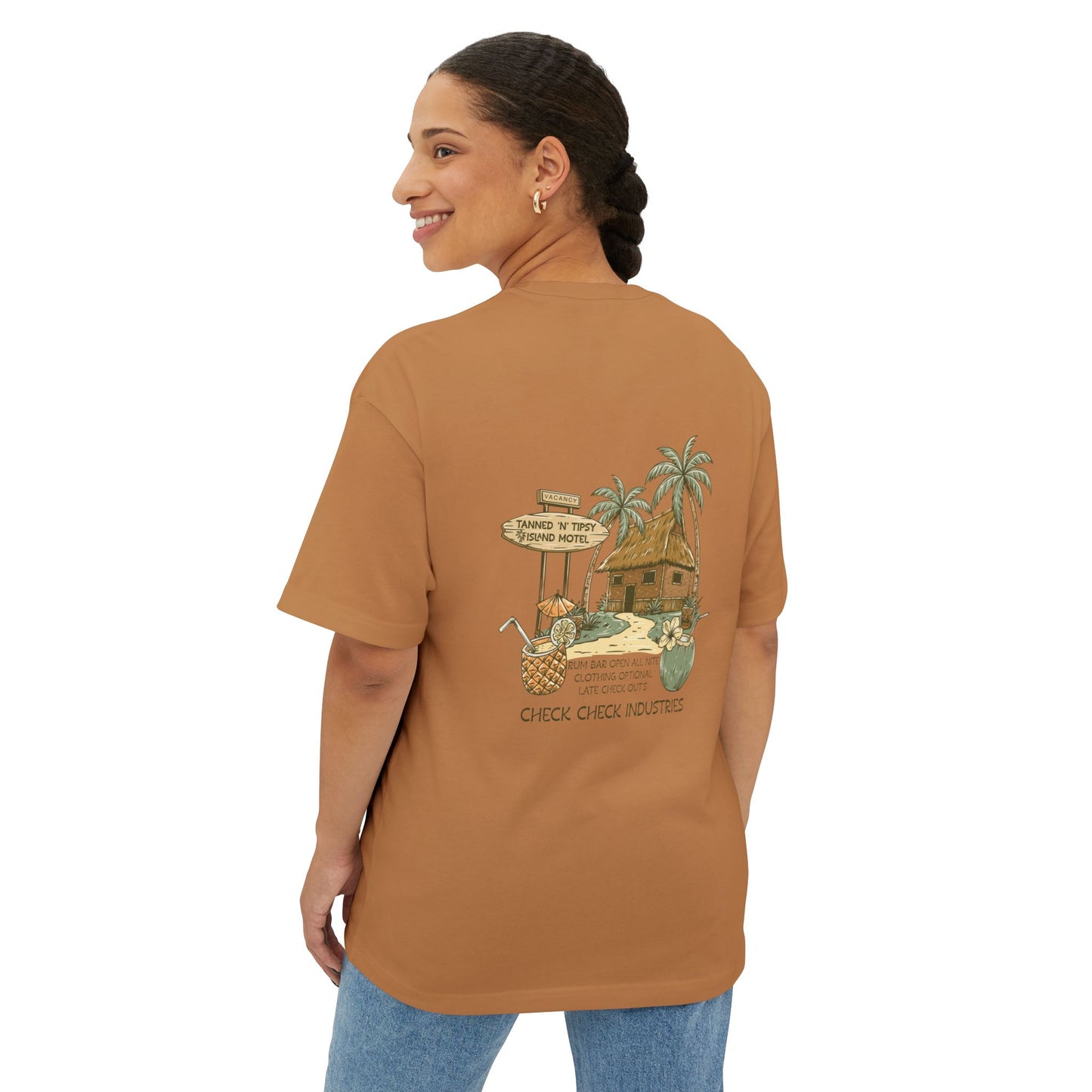 T-Shirt — Tropical Tiki Beach Graphic Tee (palm trees, hut & 'Check Check' design)