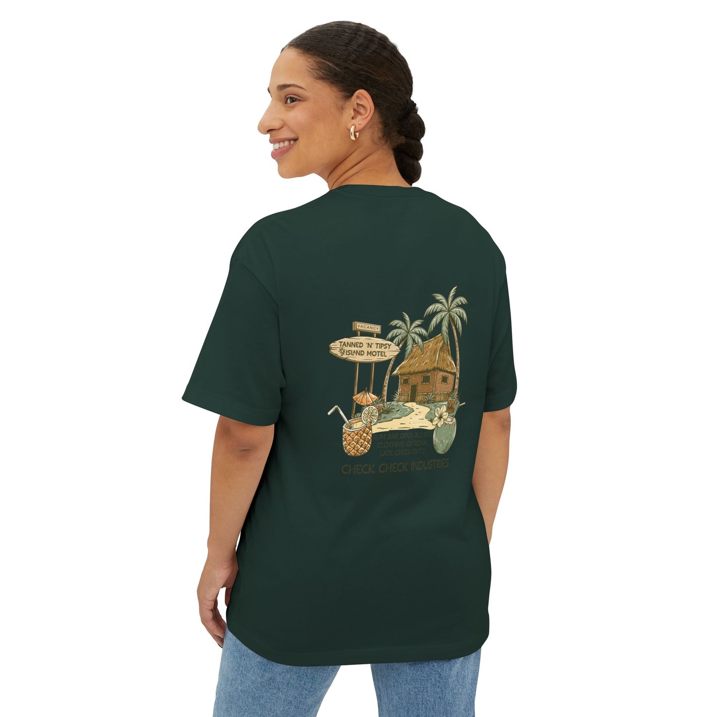 T-Shirt — Tropical Tiki Beach Graphic Tee (palm trees, hut & 'Check Check' design)