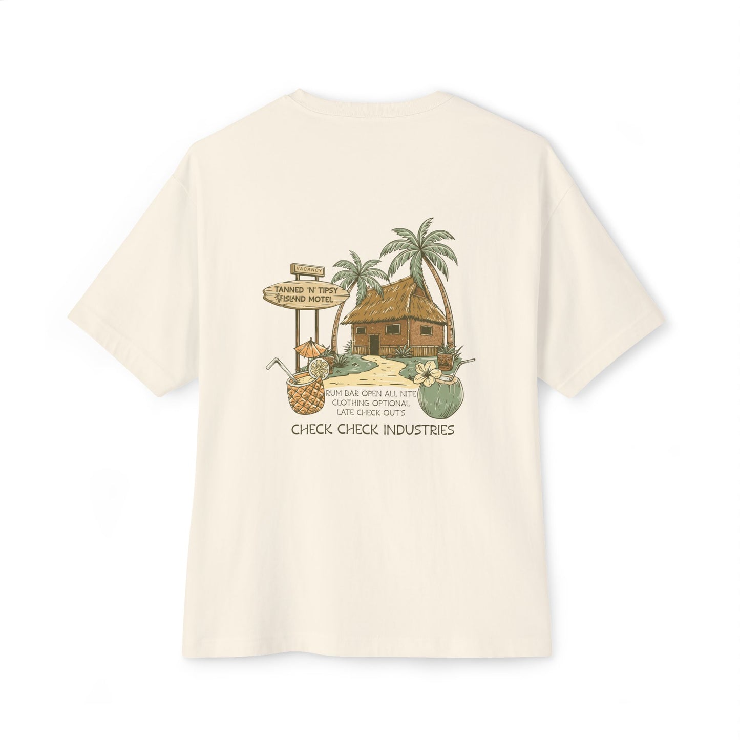 T-Shirt — Tropical Tiki Beach Graphic Tee (palm trees, hut & 'Check Check' design)
