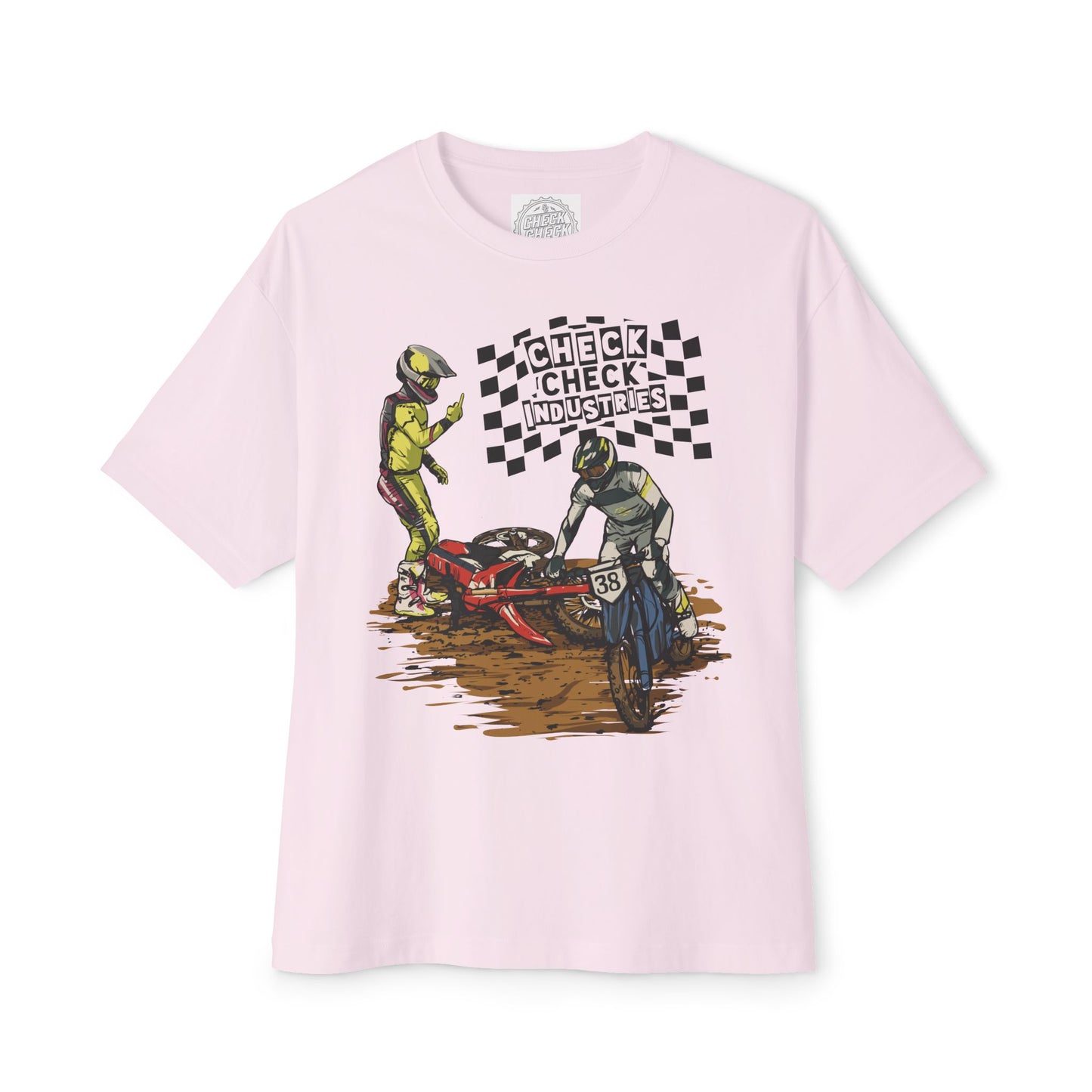 Motorcycle Racing Tee — 'Check Industries' Crash Scene Graphic Shirt