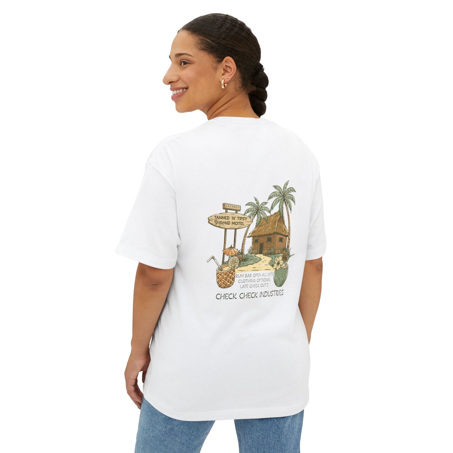 T-Shirt — Tropical Tiki Beach Graphic Tee (palm trees, hut & 'Check Check' design)