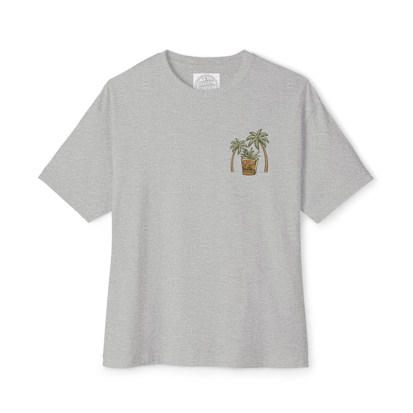 T-Shirt — Tropical Tiki Beach Graphic Tee (palm trees, hut & 'Check Check' design)
