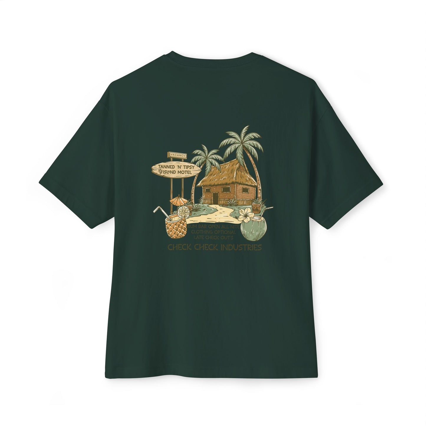 T-Shirt — Tropical Tiki Beach Graphic Tee (palm trees, hut & 'Check Check' design)