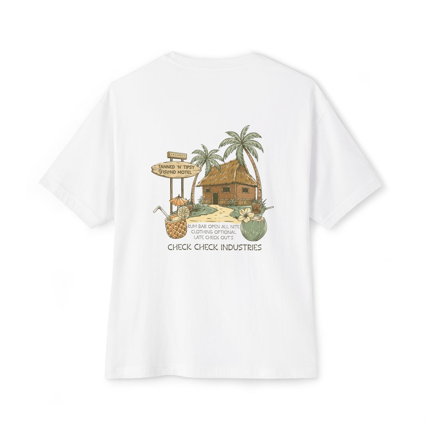 T-Shirt — Tropical Tiki Beach Graphic Tee (palm trees, hut & 'Check Check' design)