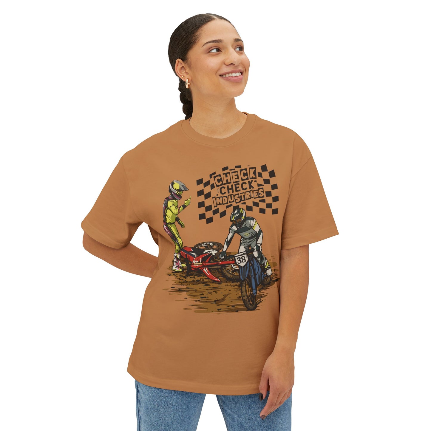 Motorcycle Racing Tee — 'Check Industries' Crash Scene Graphic Shirt