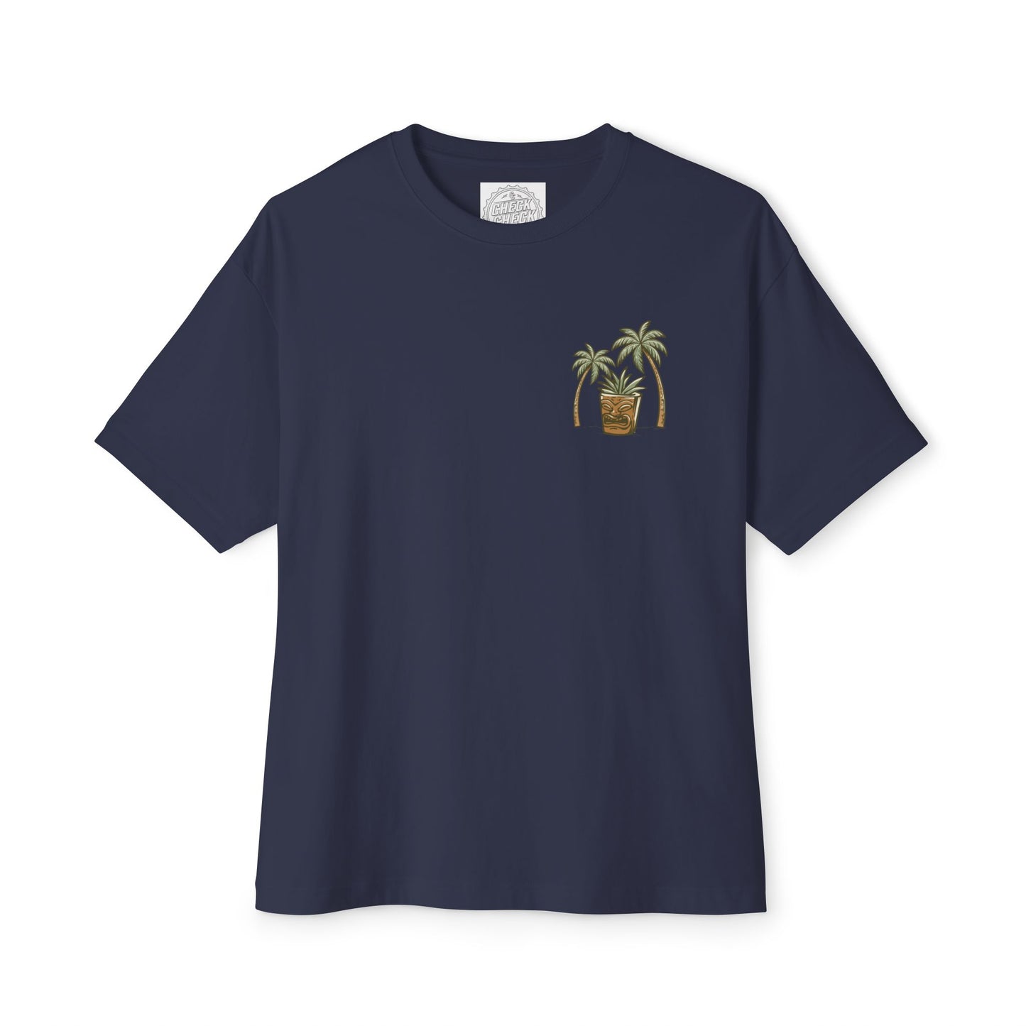 T-Shirt — Tropical Tiki Beach Graphic Tee (palm trees, hut & 'Check Check' design)