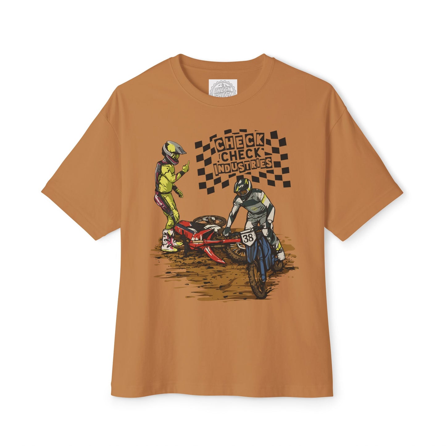 Motorcycle Racing Tee — 'Check Industries' Crash Scene Graphic Shirt