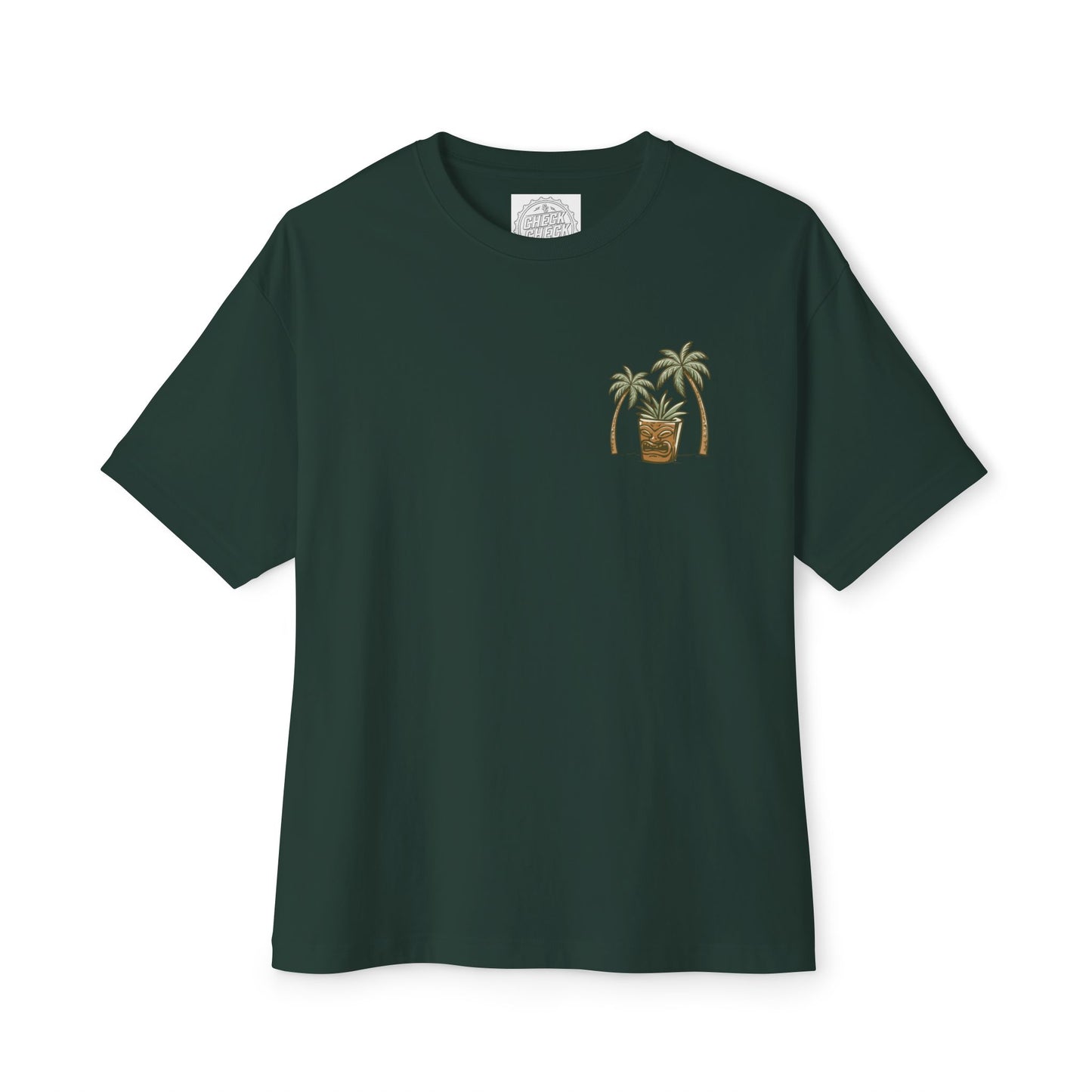 T-Shirt — Tropical Tiki Beach Graphic Tee (palm trees, hut & 'Check Check' design)