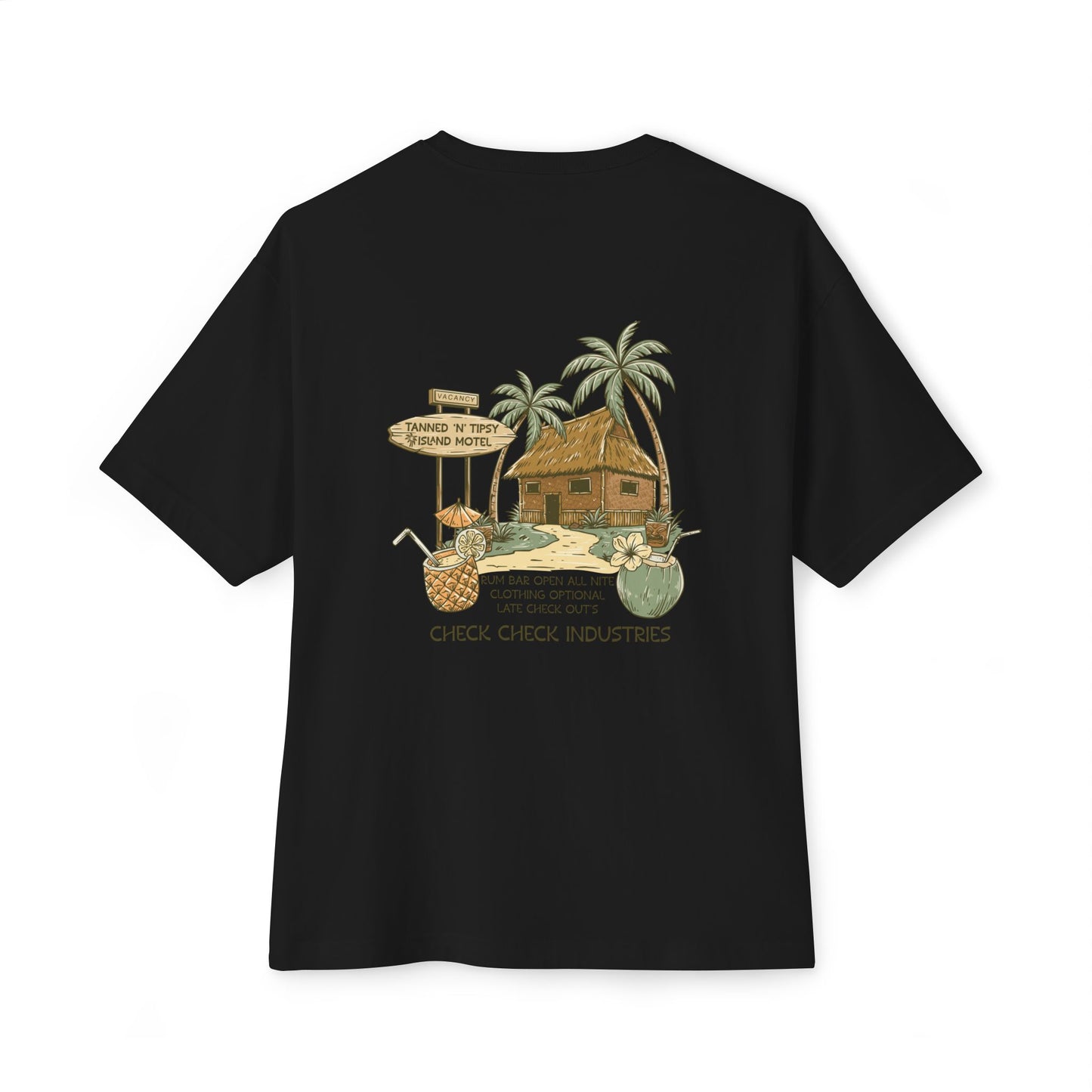T-Shirt — Tropical Tiki Beach Graphic Tee (palm trees, hut & 'Check Check' design)