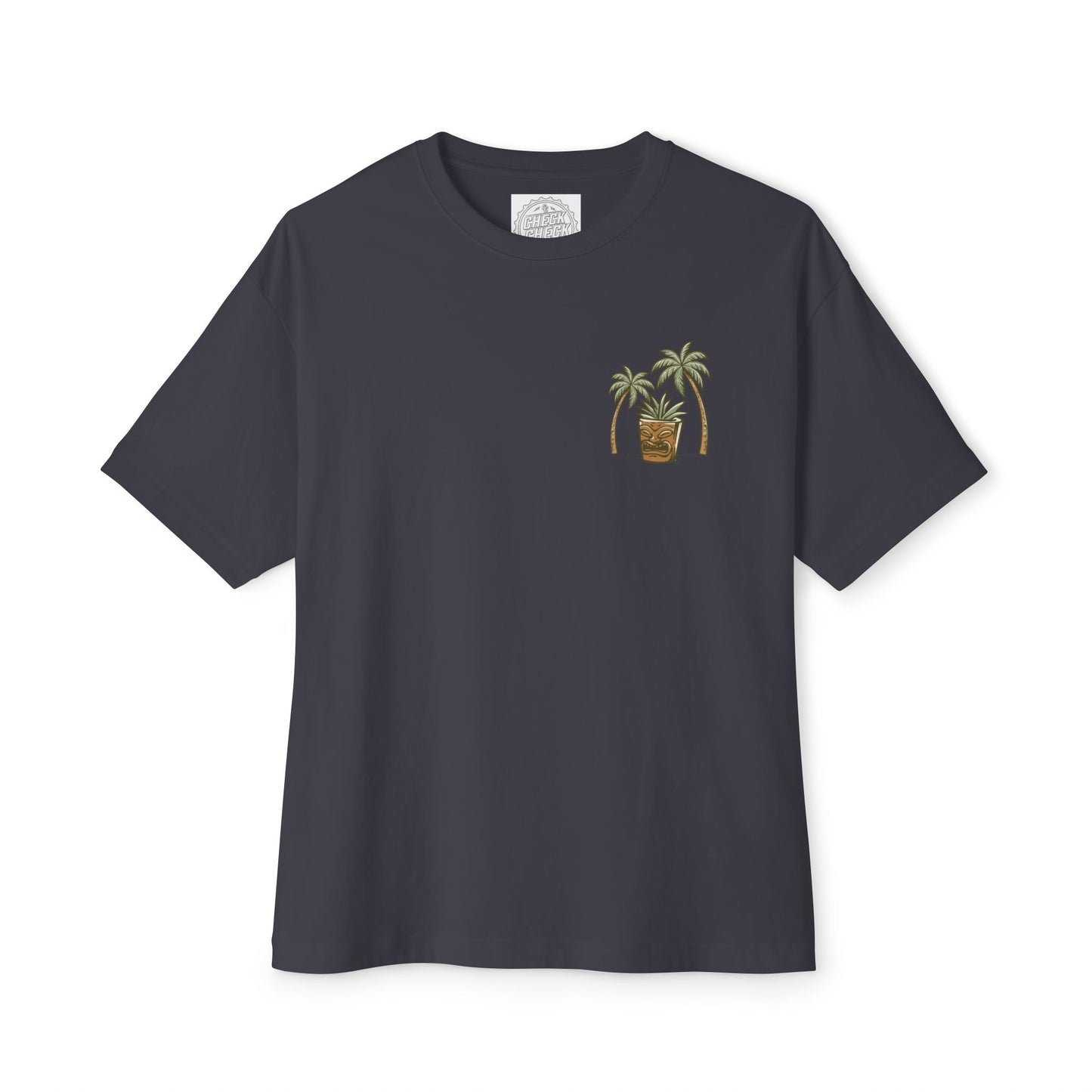 T-Shirt — Tropical Tiki Beach Graphic Tee (palm trees, hut & 'Check Check' design)
