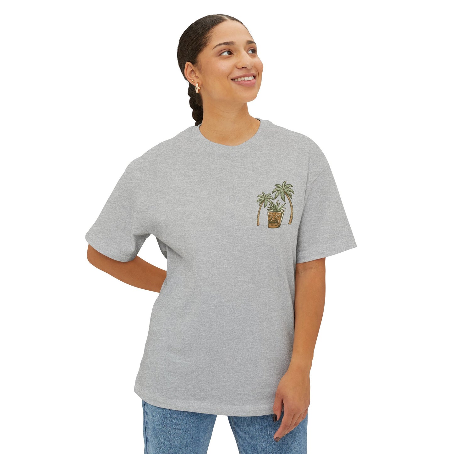 T-Shirt — Tropical Tiki Beach Graphic Tee (palm trees, hut & 'Check Check' design)