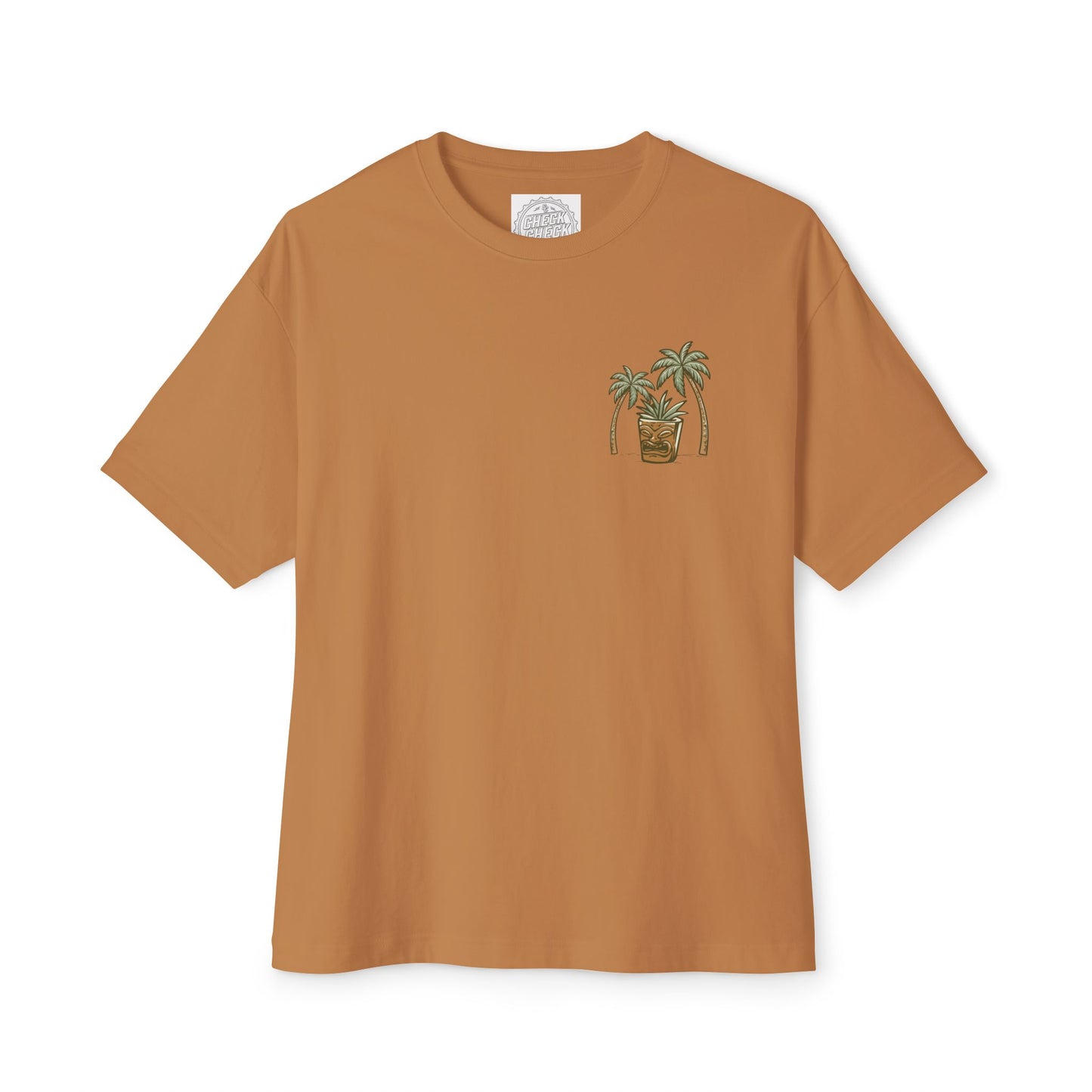 T-Shirt — Tropical Tiki Beach Graphic Tee (palm trees, hut & 'Check Check' design)