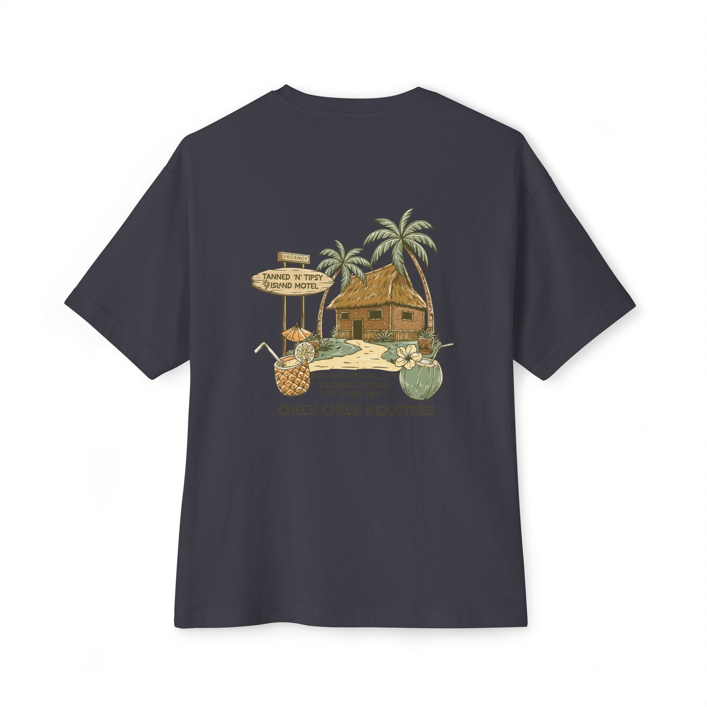 T-Shirt — Tropical Tiki Beach Graphic Tee (palm trees, hut & 'Check Check' design)