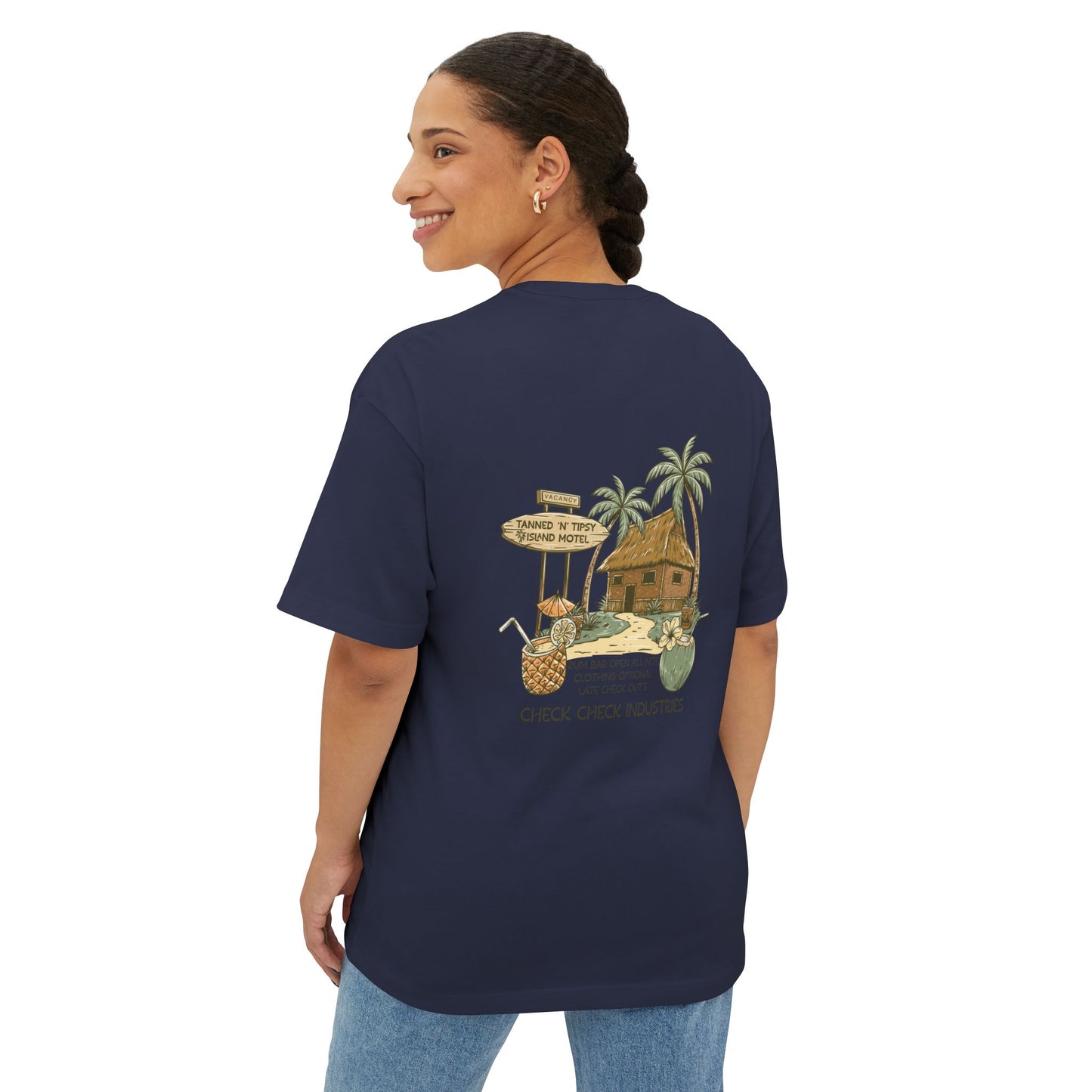 T-Shirt — Tropical Tiki Beach Graphic Tee (palm trees, hut & 'Check Check' design)