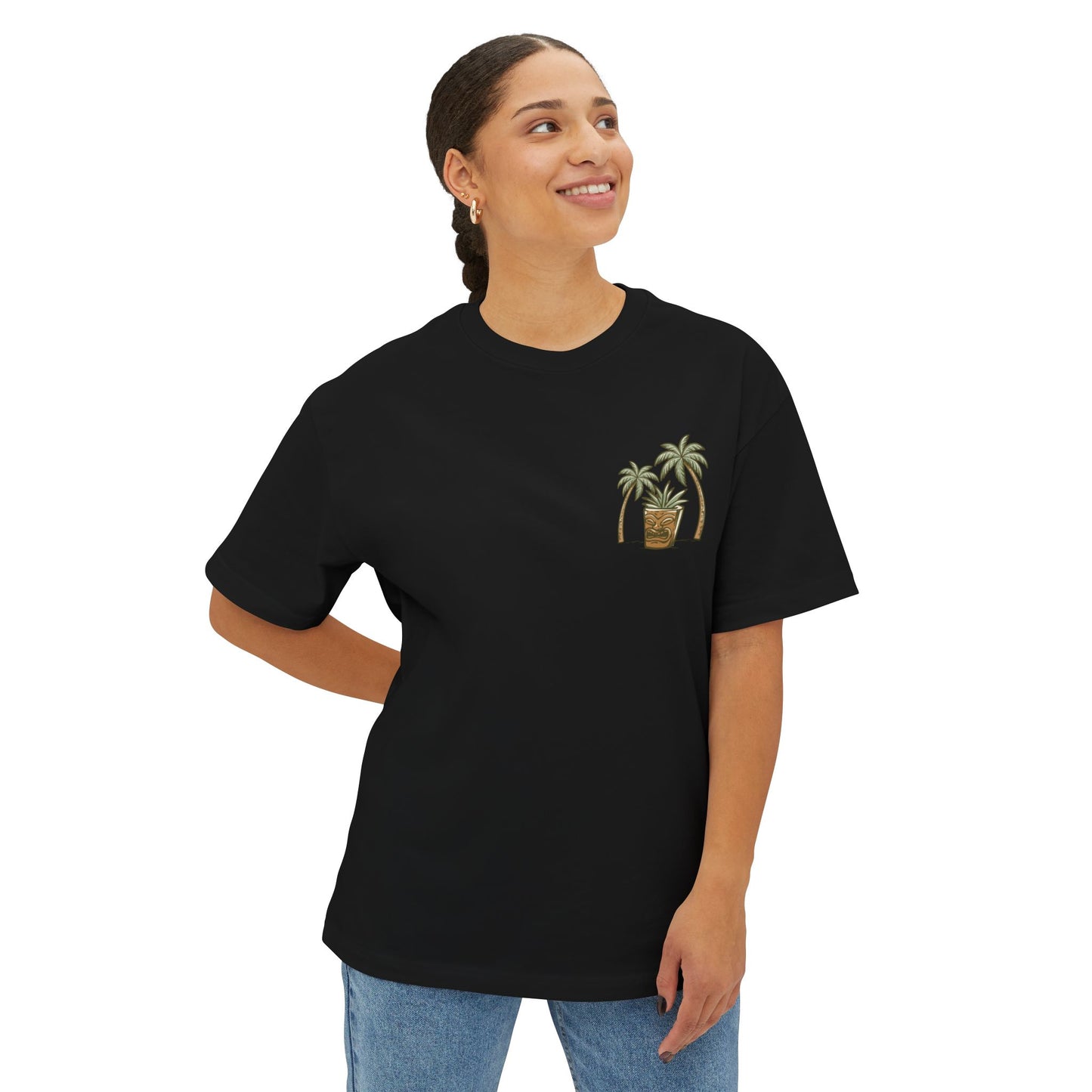 T-Shirt — Tropical Tiki Beach Graphic Tee (palm trees, hut & 'Check Check' design)