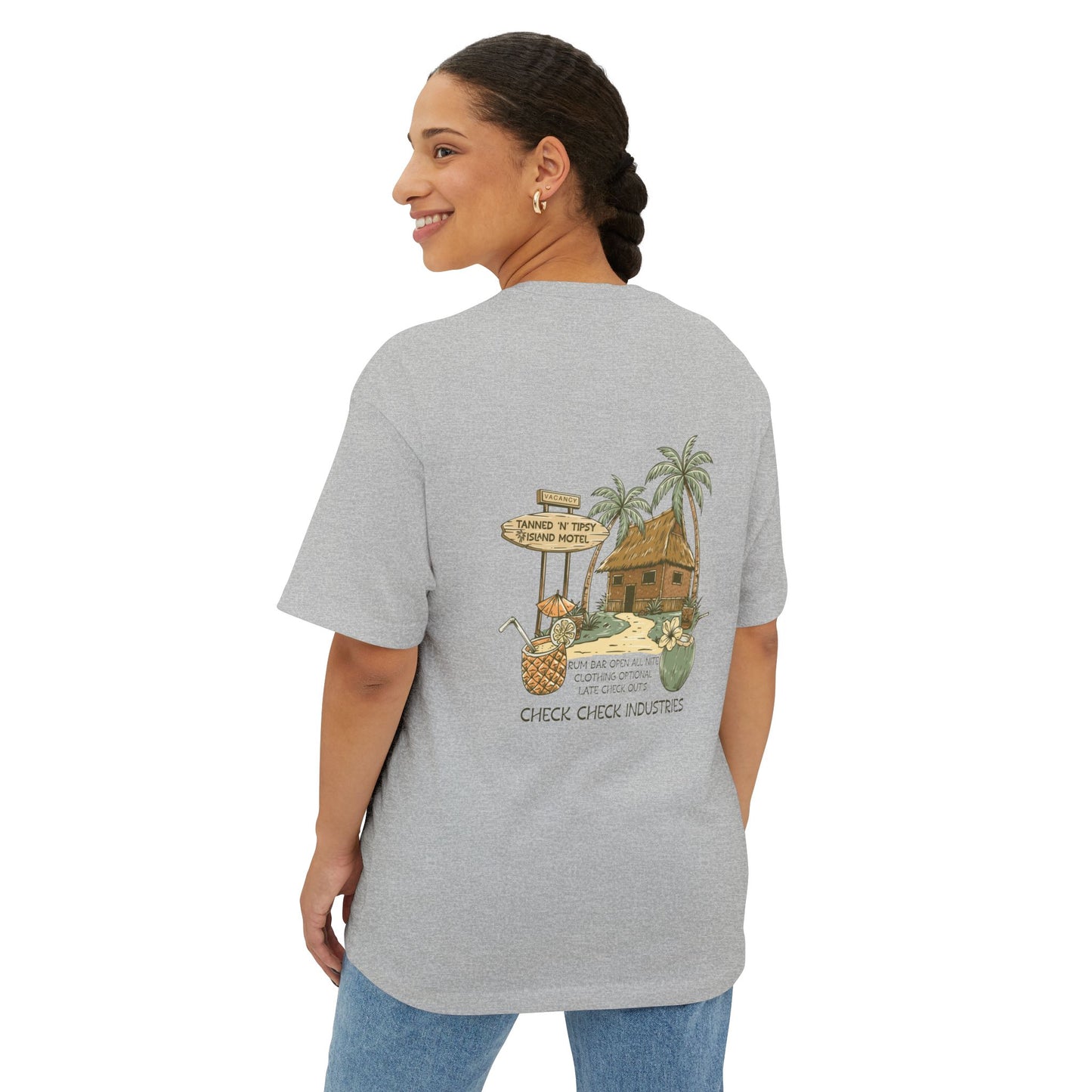 T-Shirt — Tropical Tiki Beach Graphic Tee (palm trees, hut & 'Check Check' design)
