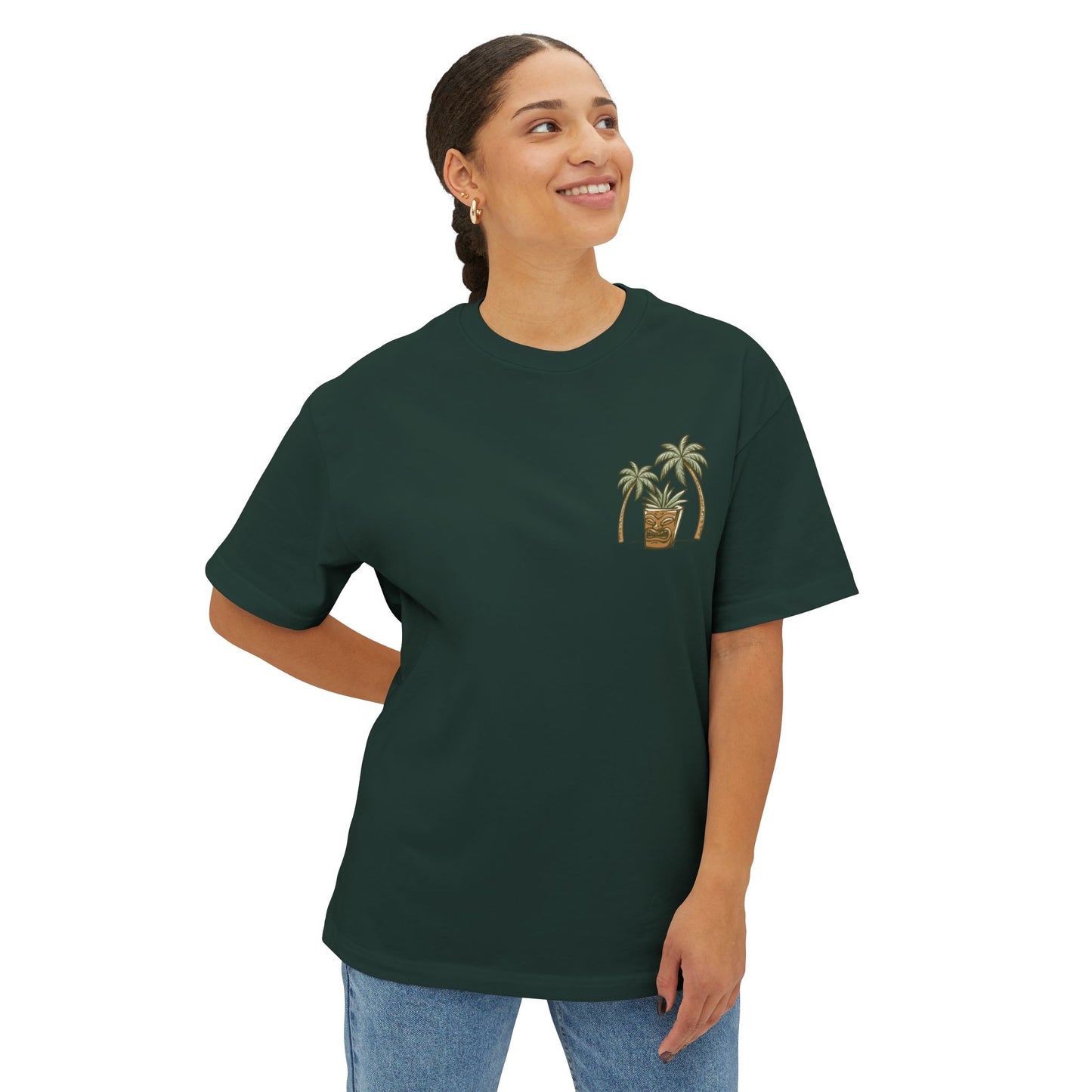 T-Shirt — Tropical Tiki Beach Graphic Tee (palm trees, hut & 'Check Check' design)